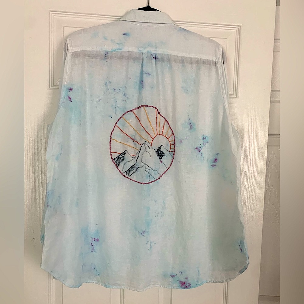 Marshmallow Moon Custom Ice Dyed Hand Embroidered Linen Shirt
